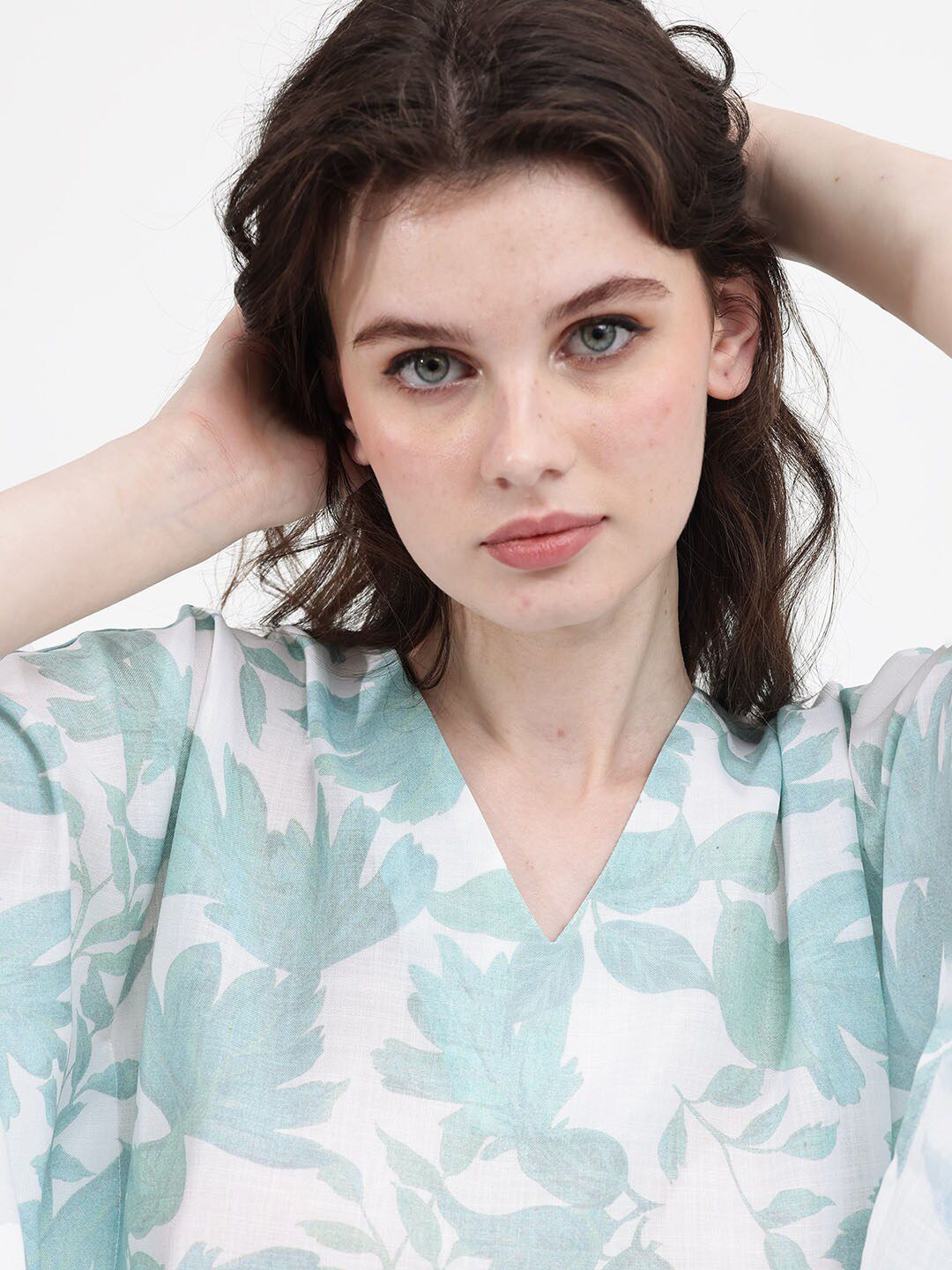 RAREISM Floral Print Flared Sleeve Linen Kaftan Top