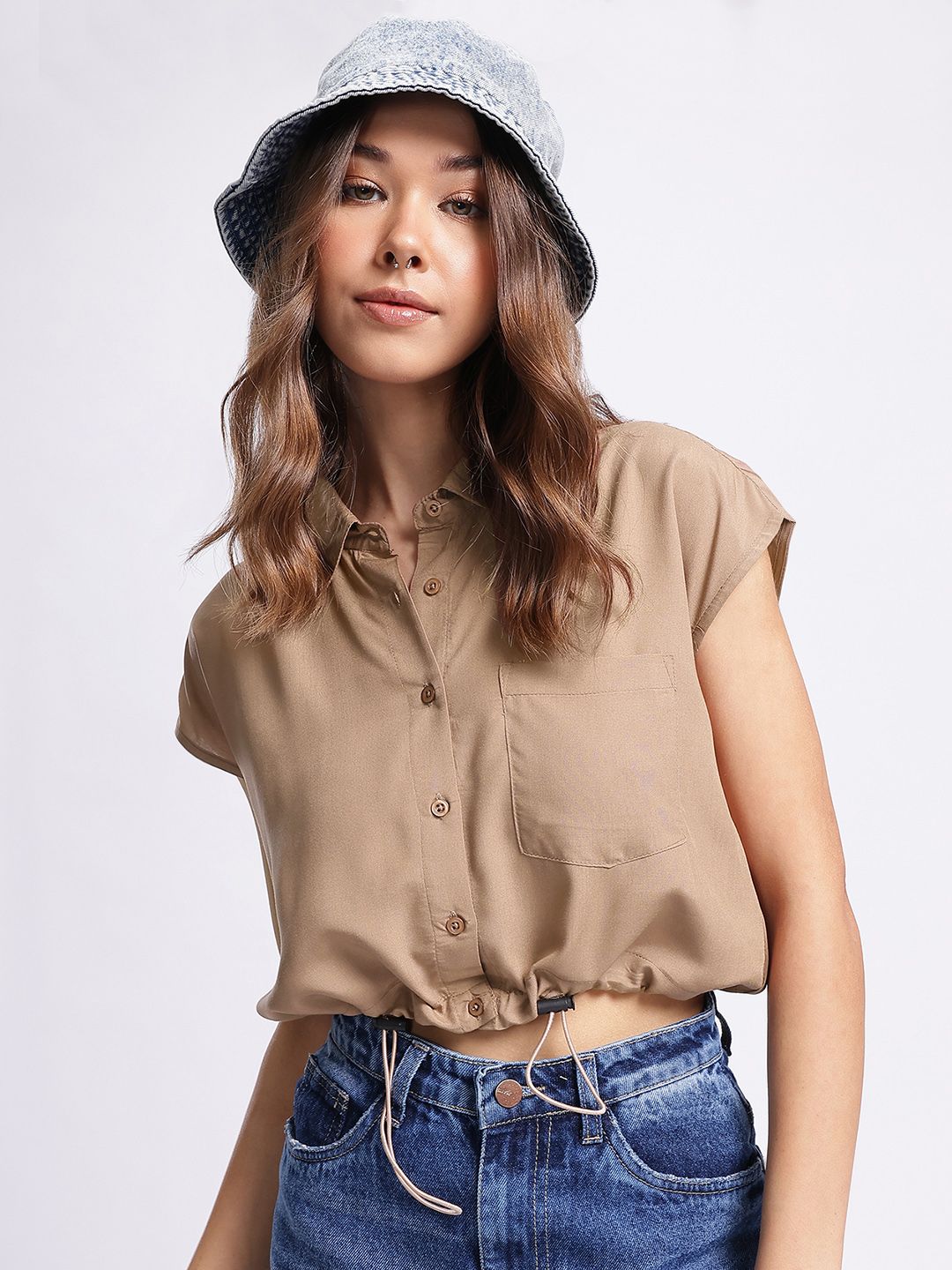 DressBerry Soft Spectrum  Cinched Waist Crop Shirt-Style Top