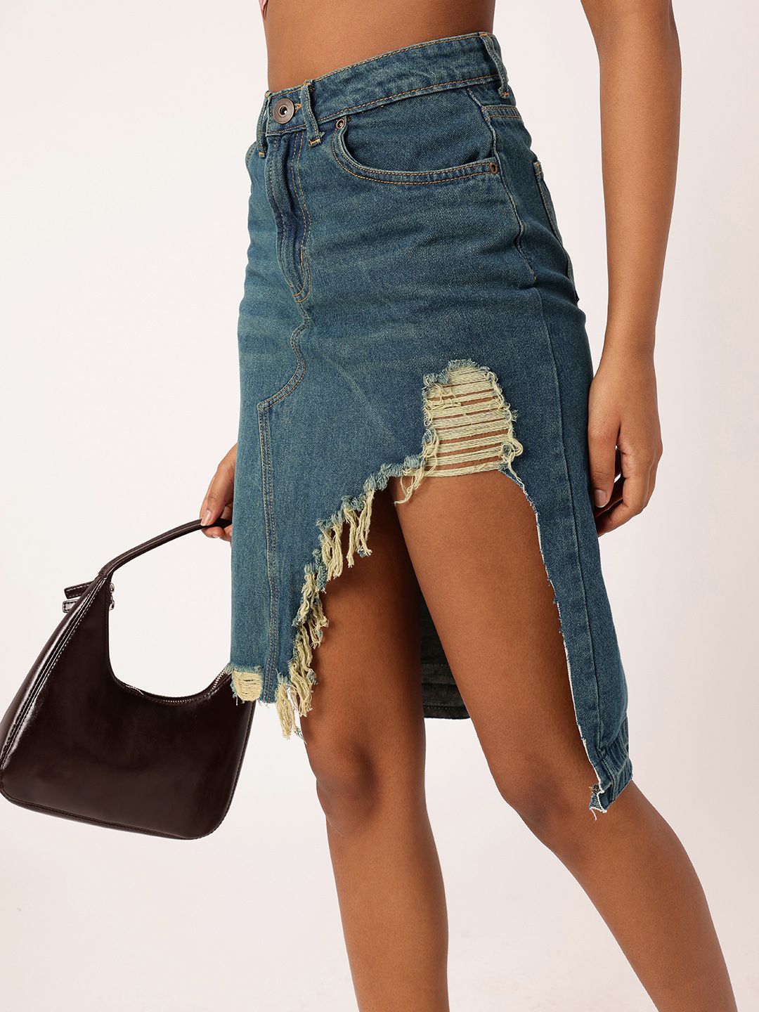 DressBerry Women City Edge High Rise Ripped Denim Faded Asymmetric A-Line Skirt