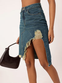 DressBerry Women City Edge High Rise Ripped Denim Faded Asymmetric A-Line Skirt