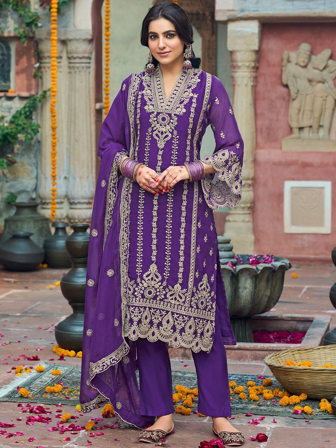 Indo Era Floral Embroidered V-Neck Zari Organza Straight Kurta With Trousers And Dupatta