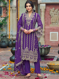 Indo Era Floral Embroidered V-Neck Zari Organza Straight Kurta With Trousers And Dupatta