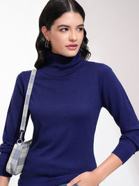 Tokyo Talkies Women Navy Blue Turtle Neck Acrylic Pullover Sweater