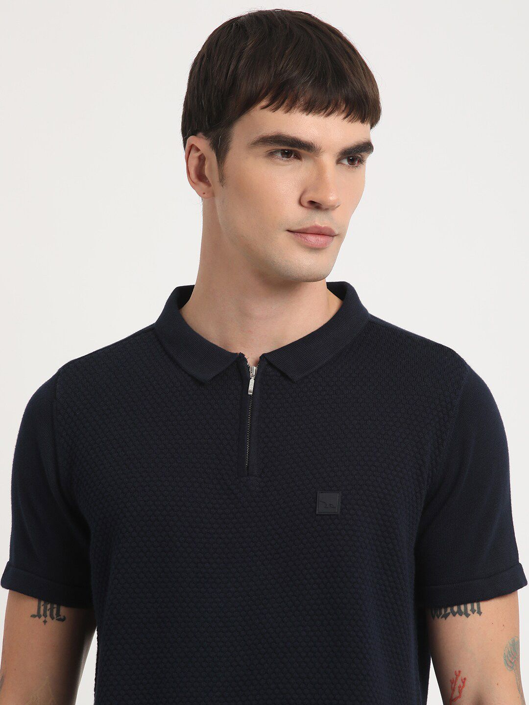 THE BEAR HOUSE Self Design Polo Collar Slim Fit Pure Cotton T-shirt