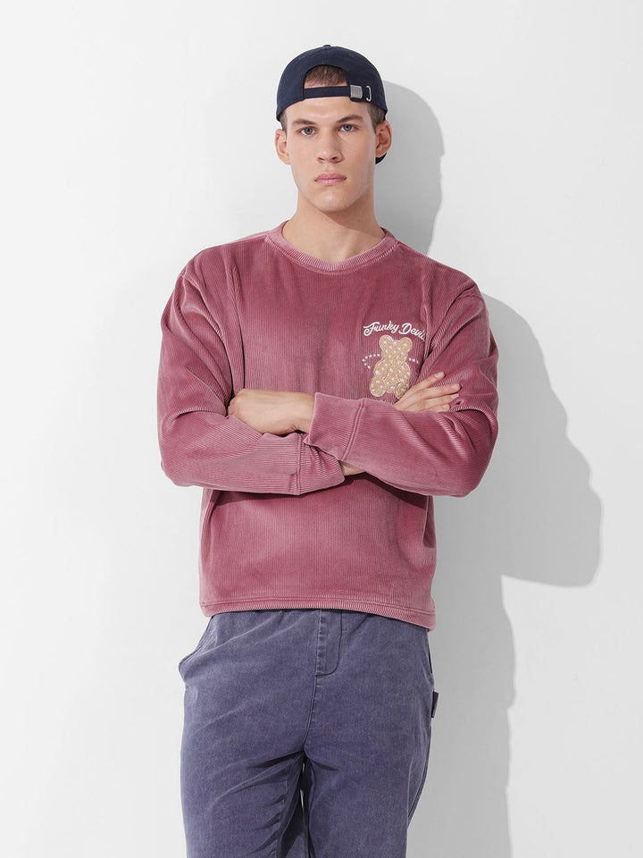 The Indian Garage Co Men Oversized Self Design Corduroy Crew Neck Sweatshirt