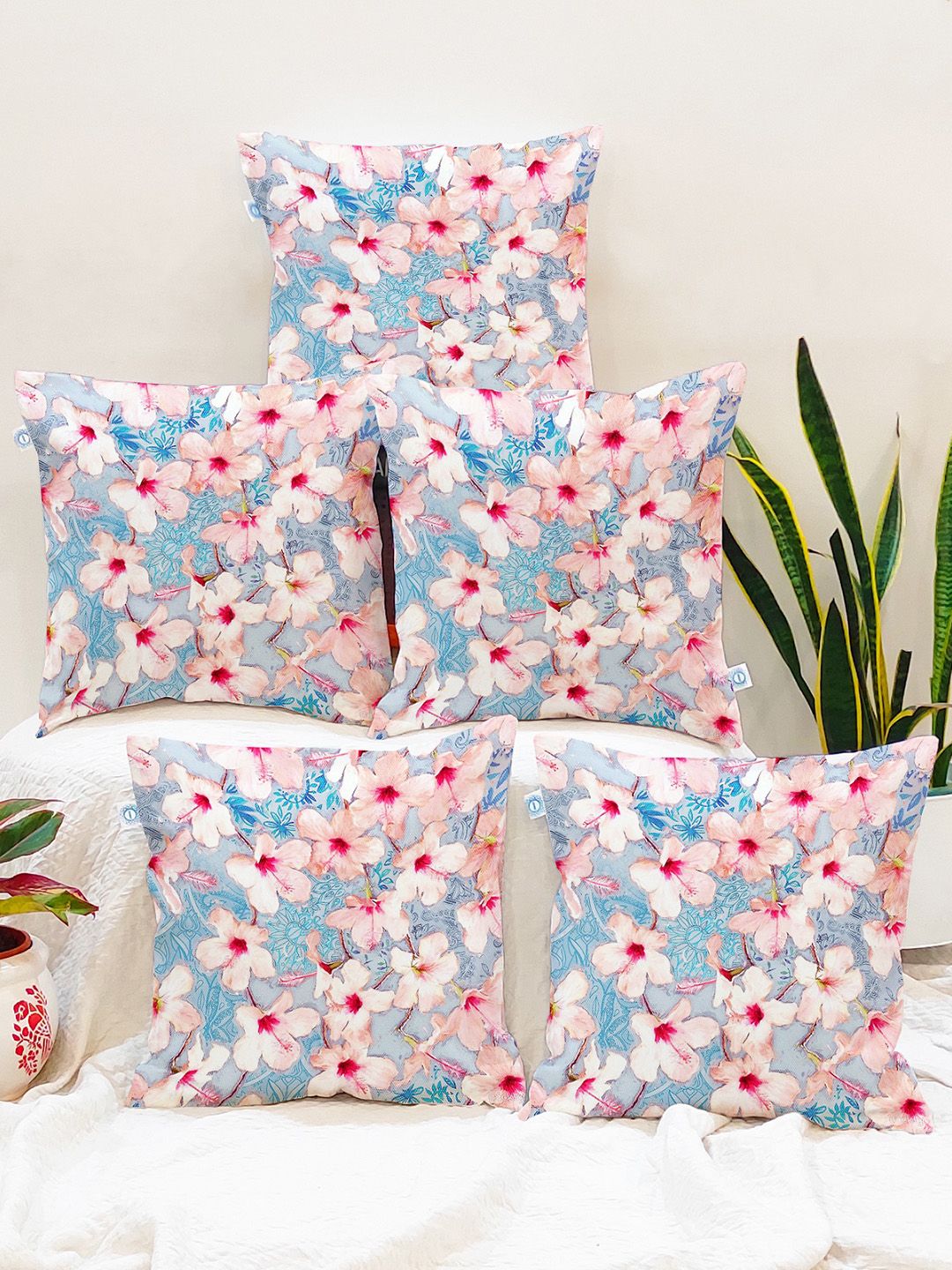STITCHNEST Set of 5 Blue & Pink Floral Square Cushion Covers