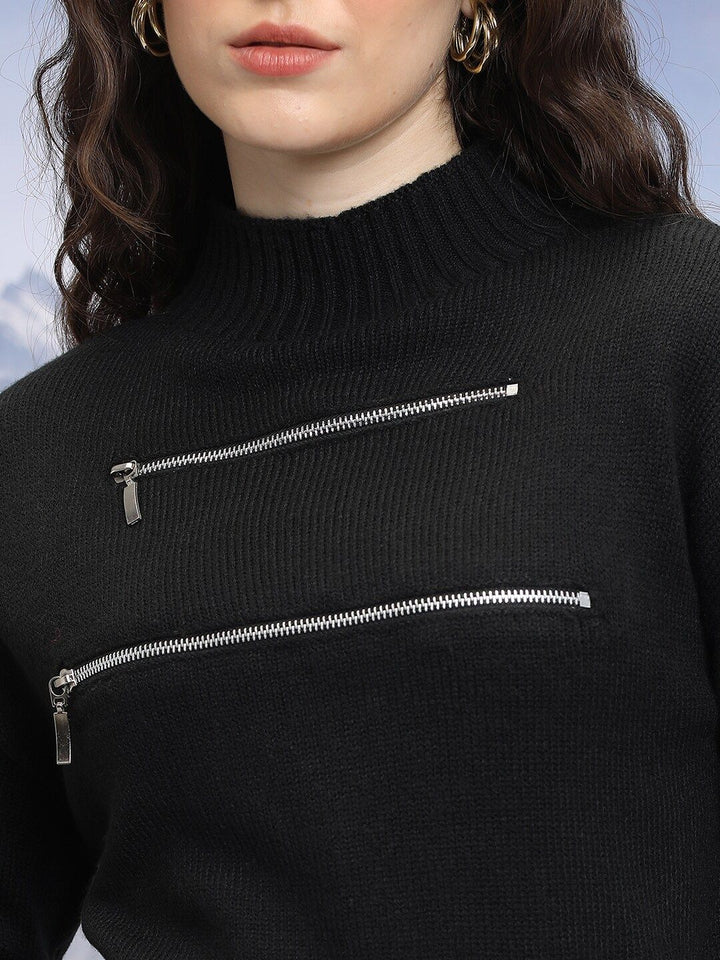 Tokyo Talkies Black Ribbed Turtle Neck Acrylic Pullover Fringed Crop Sweater With Zipper