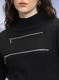 Tokyo Talkies Black Ribbed Turtle Neck Acrylic Pullover Fringed Crop Sweater With Zipper