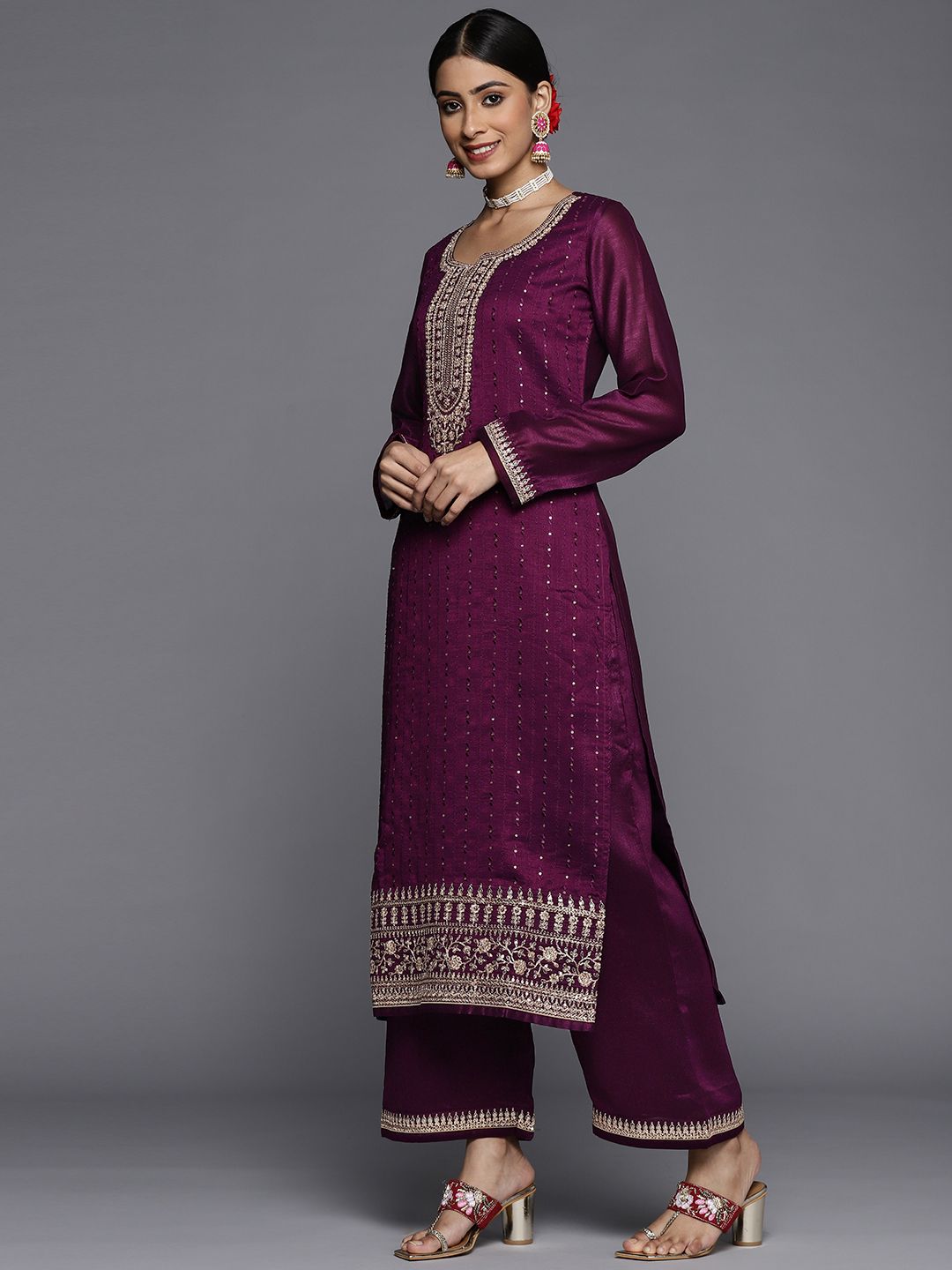 Libas Women Purple Floral Embroidered Sequinned Kurta  with Palazzos & Dupatta