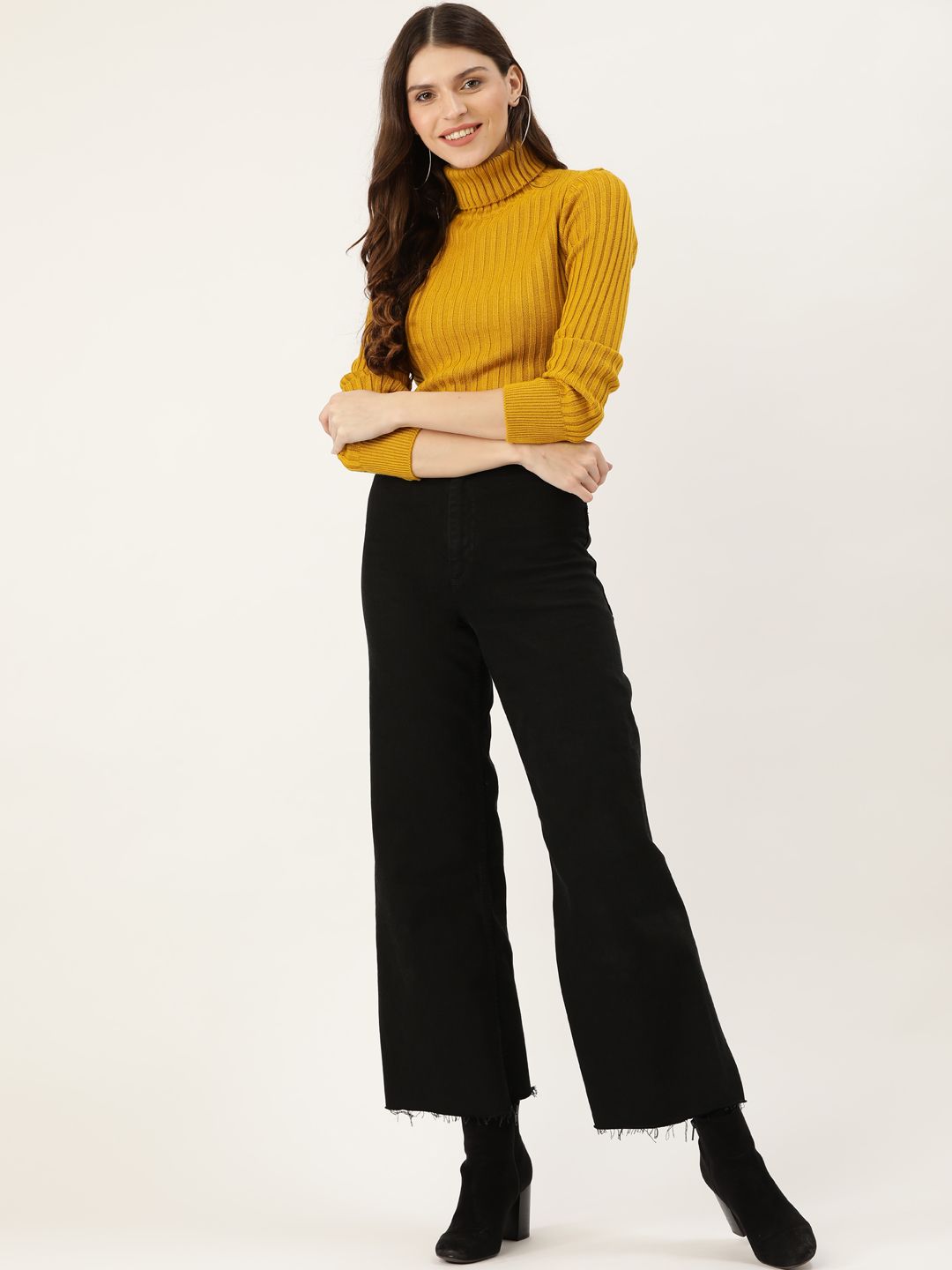 DressBerry Women Mustard Yellow Ribbed Pullover Sweater