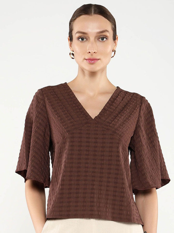 RAREISM Solid Self Design V-Neck Top