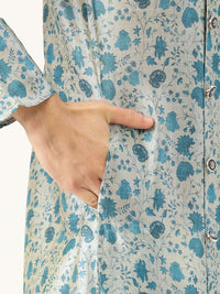 SOJANYA Lelaki Grey & Blue Floral Print Angrakha Straight Kurta