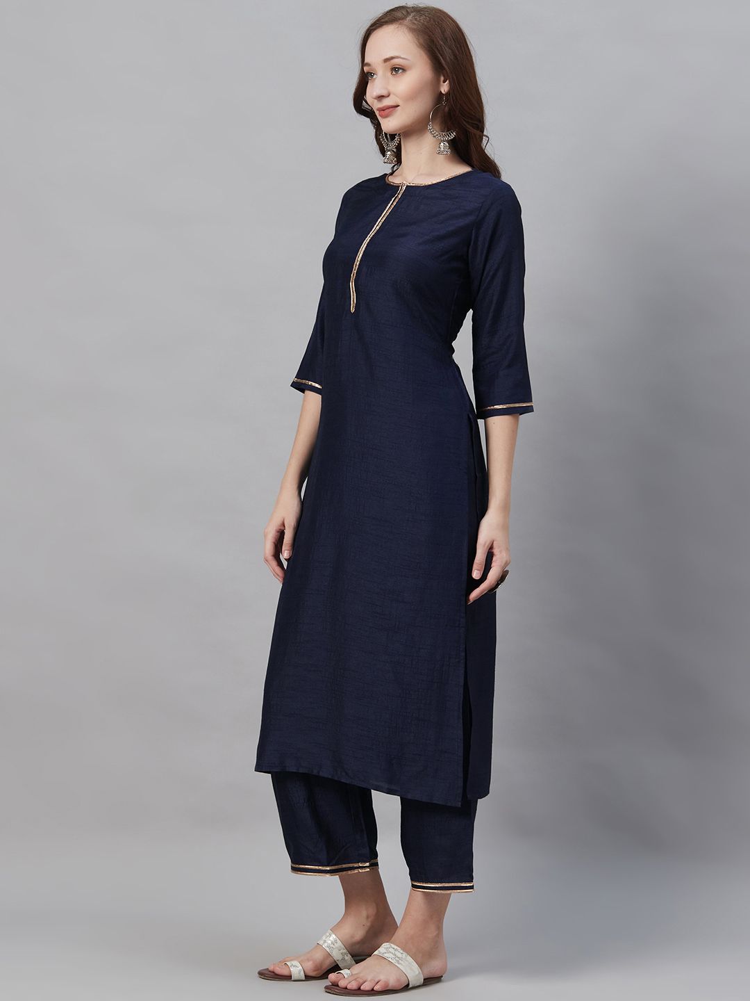 Indo Era Women Navy Blue Solid Kurta with Palazzos