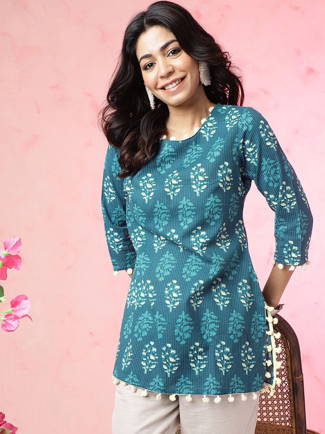 Anouk Teal Blue Ethnic Motifs Printed Pom Pom Pure Cotton Straight Short Kurti