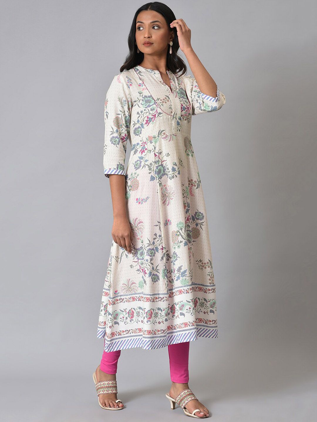 W Floral Printed Band Collar Anarkali Kurta