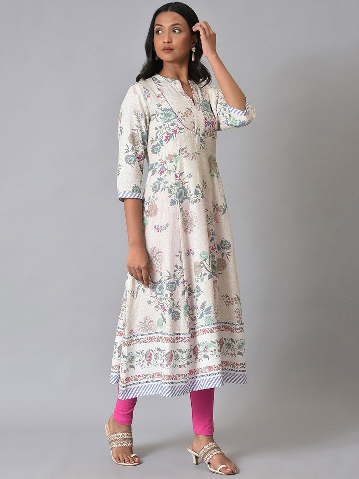 W Floral Printed Band Collar Anarkali Kurta