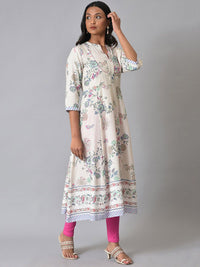 W Floral Printed Band Collar Anarkali Kurta
