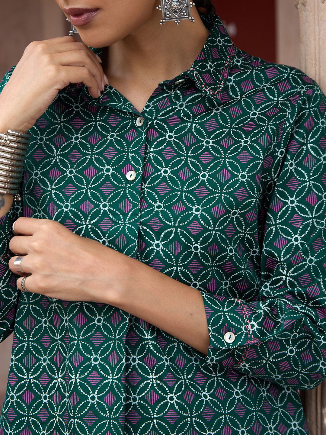House of Chikankari Women Dark Green Cotton Hand Block Set Co-Ord