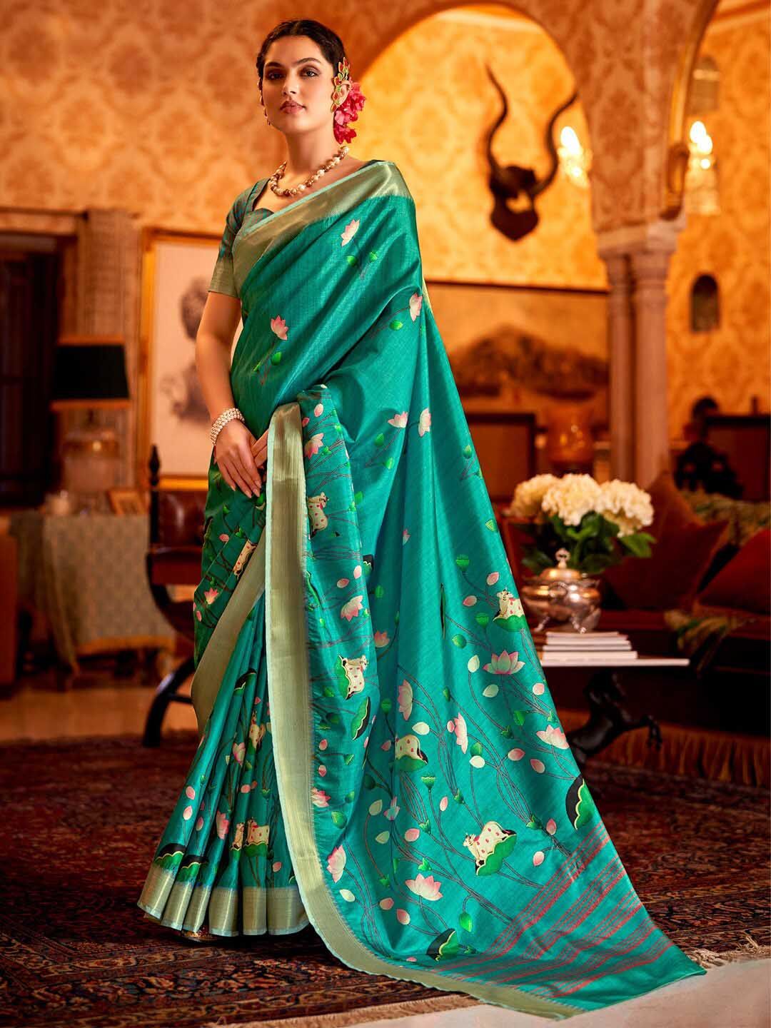 Saree Mall Pichwai Animal Print Zari Sungudi Sarees with Matching Blouse