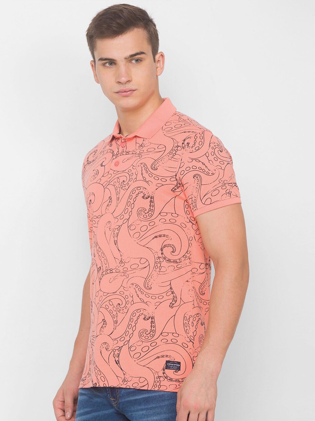 SPYKAR Men Pink Typography Printed Polo Collar Pure Cotton Slim Fit T-shirt