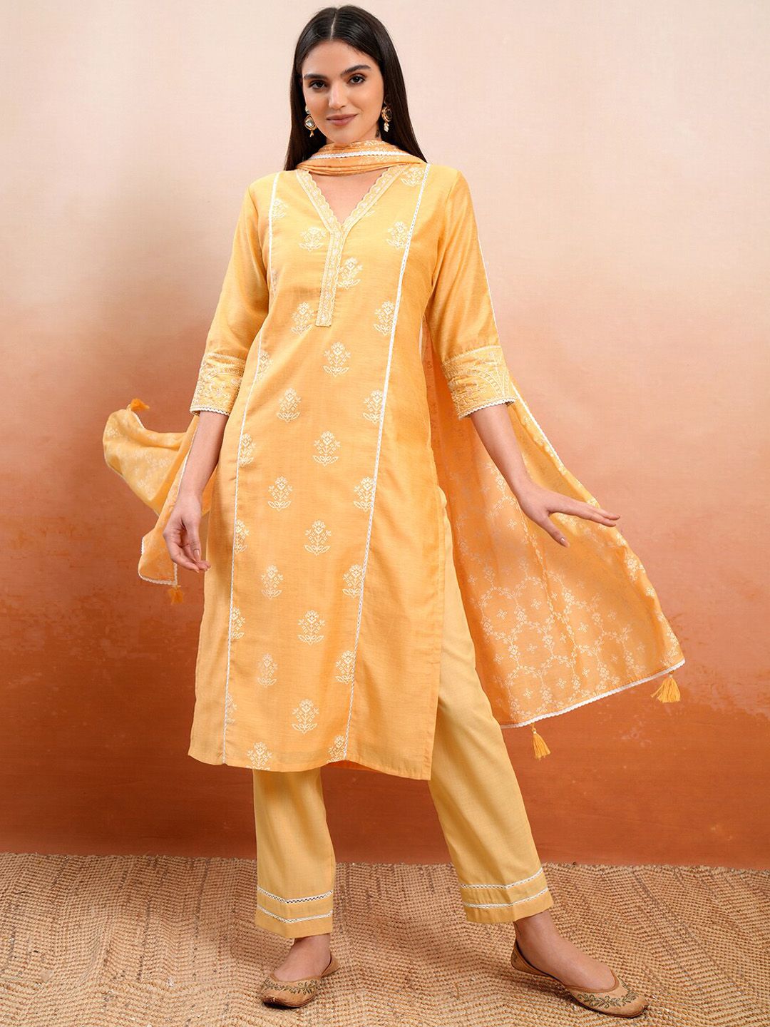 Vishudh Orange Floral Printed V-Neck Pure Cotton Straight Kurta With Trousers & Dupatta