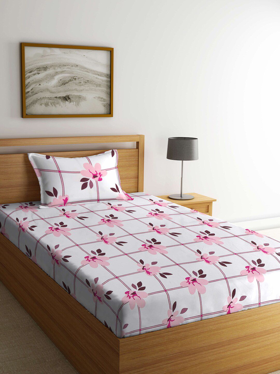 KLOTTHE Pink Floral Polycotton 300 TC Single Fine Bedsheet with a Pillow Cover-89 x 59 inches