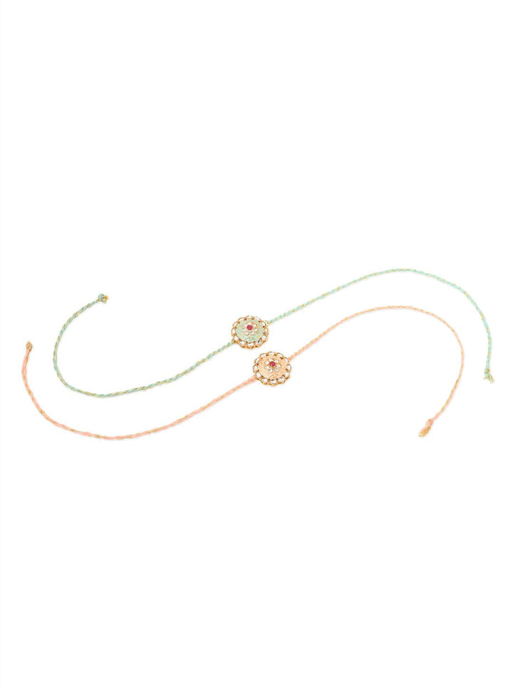 NVR Unisex Set of 2 Kundan Studded Round Floral Rakhi with Roli Chawal Chandan Mishri