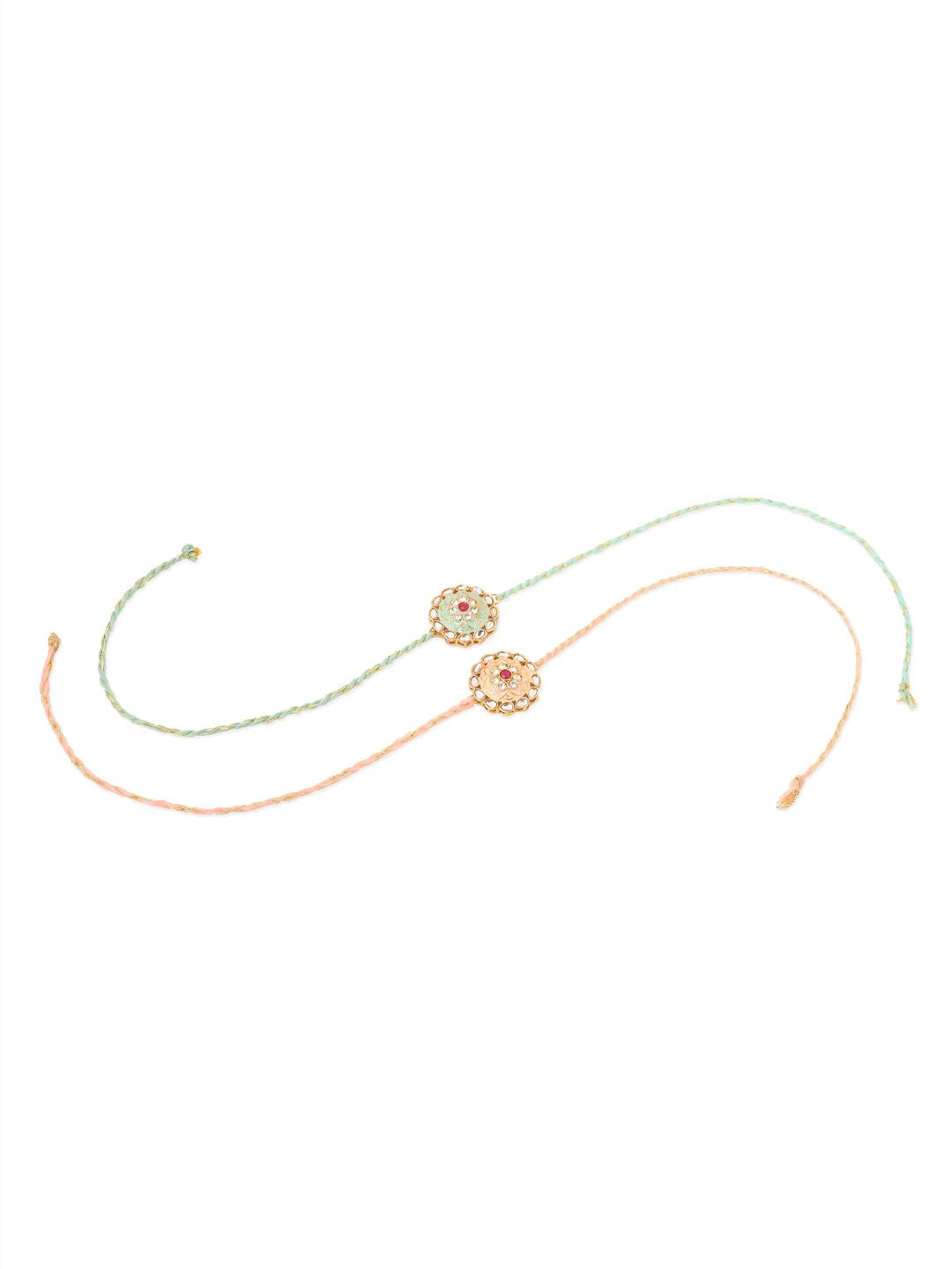 NVR Unisex Set of 2 Kundan Studded Round Floral Rakhi with Roli Chawal Chandan Mishri