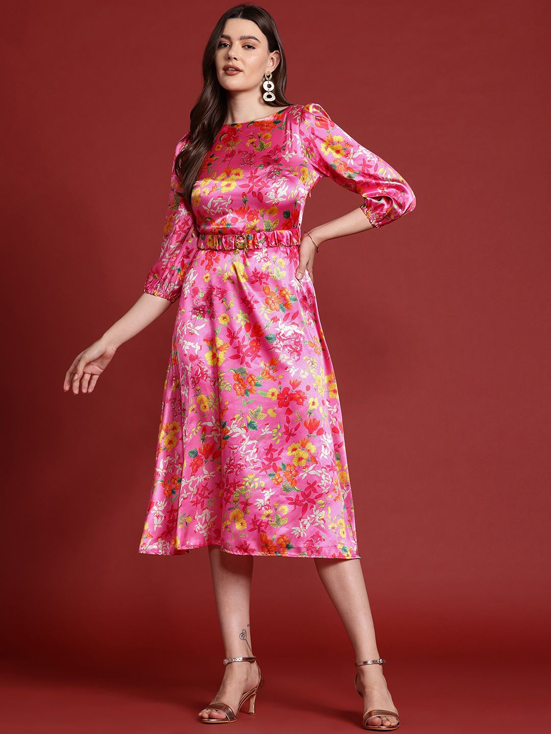 all about you Floral Print Satin A-Line Midi Dress