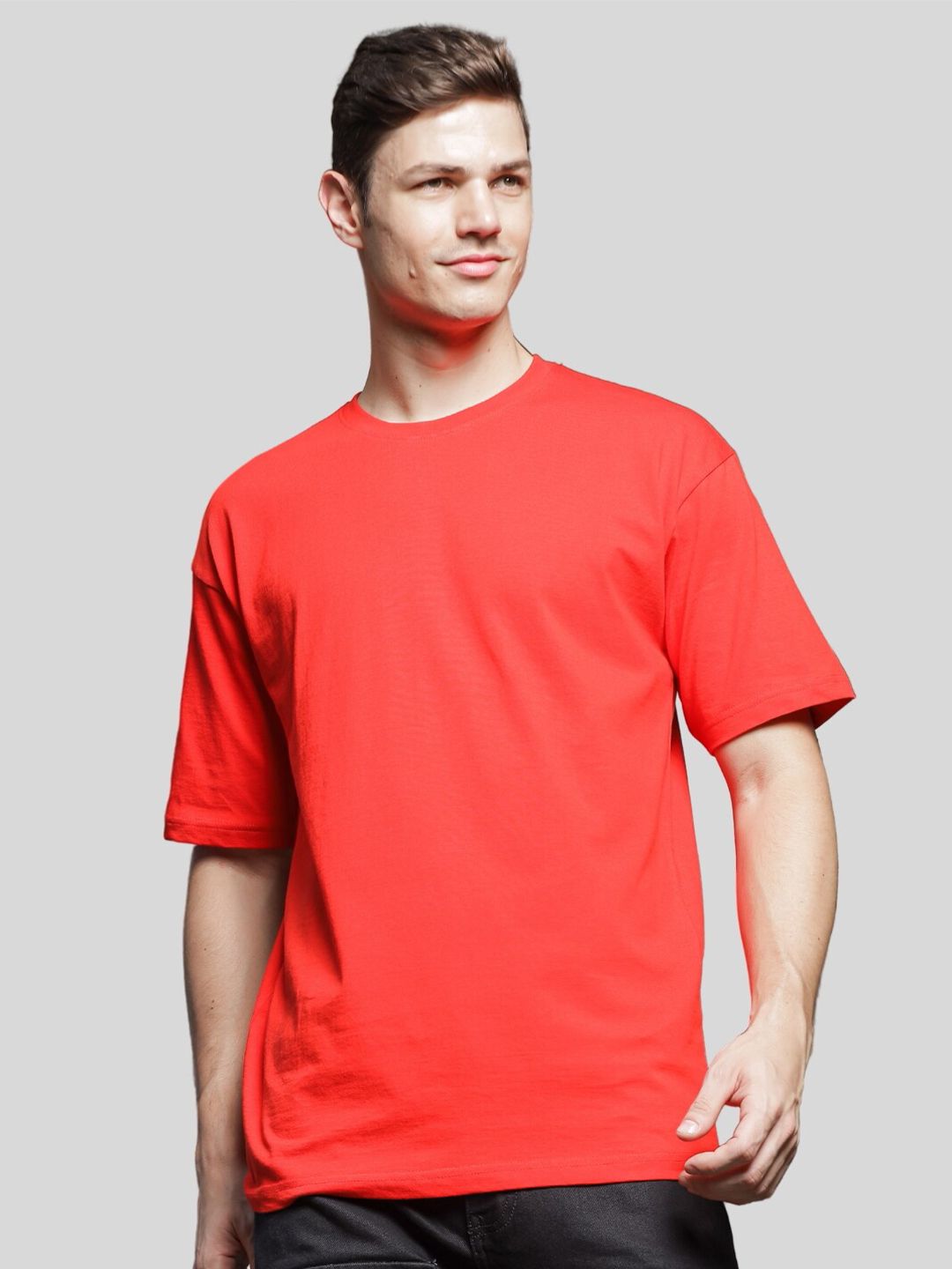 ADRO Leher Bulat Lengan Drop-Bahu Bersaiz Besar T-shirt Kapas Tulen