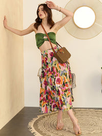 Berrylush Floral Printed Pleated Maxi Skirts