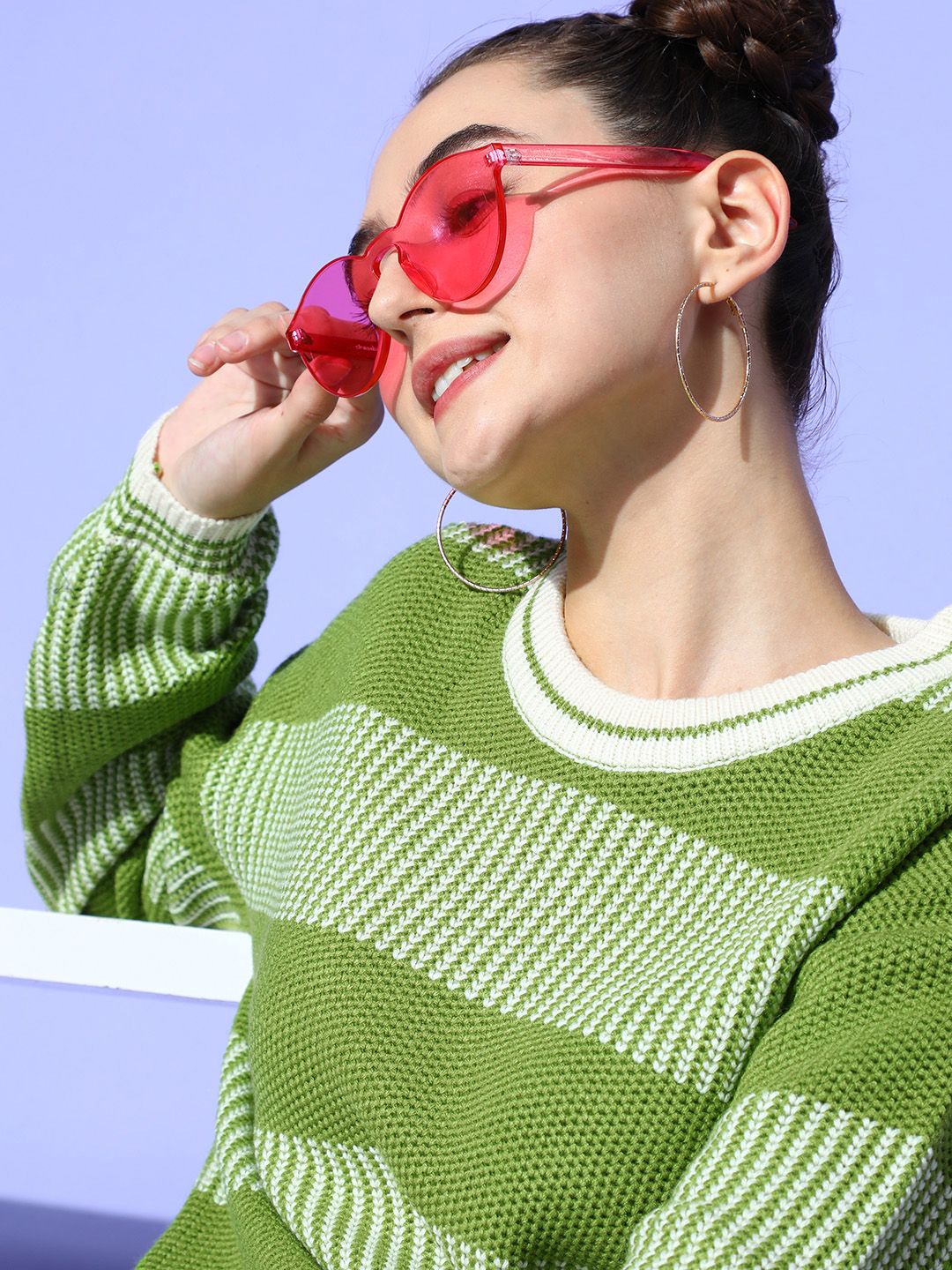 Berrylush Women Green Striped Knits Bits Sweater