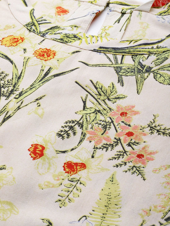 all about you Cream-Coloured & Green Floral Print Flared Sleeves Regular Top
