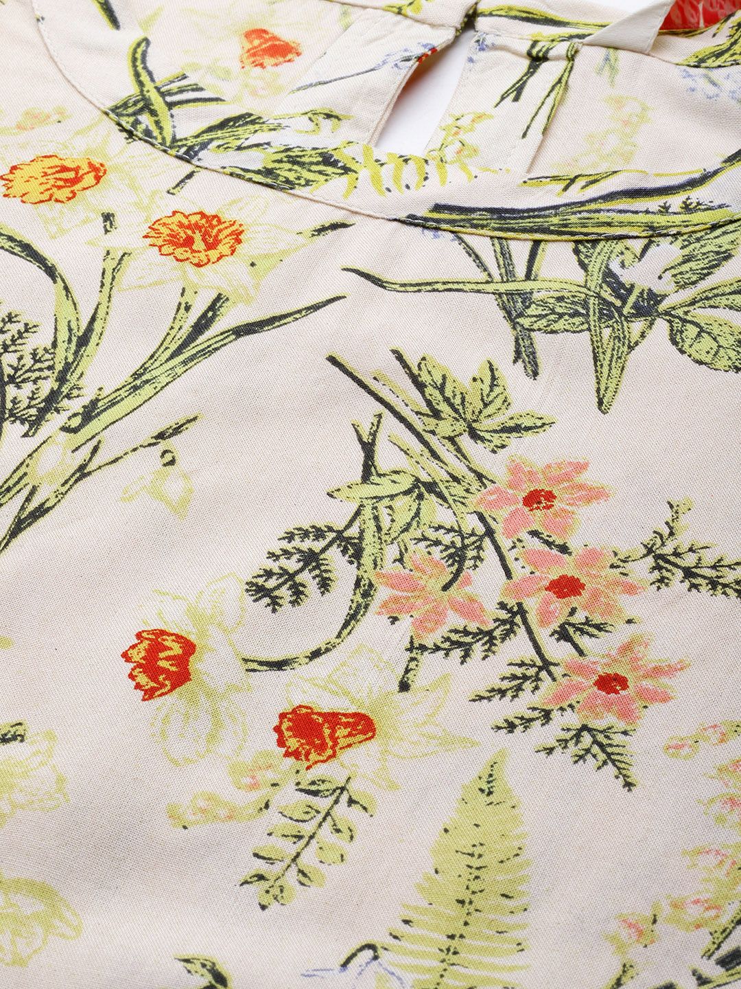 all about you Cream-Coloured & Green Floral Print Flared Sleeves Regular Top