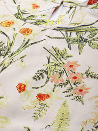 all about you Cream-Coloured & Green Floral Print Flared Sleeves Regular Top