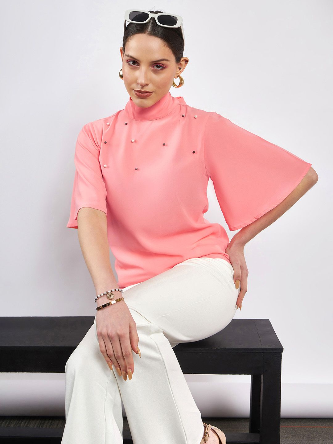 SASSAFRAS Peach-Coloured Embellished High Neck Flared Sleeve Beads & Stones Georgette Top