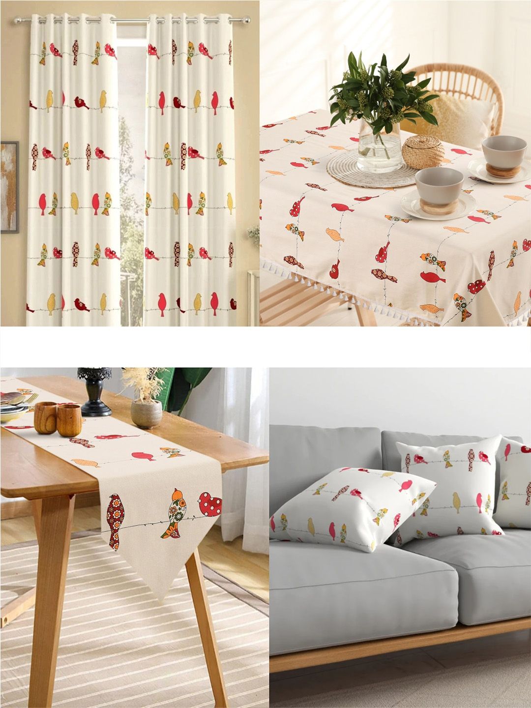 URBAN SPACE Cream Coloured & Red Printed Pure Cotton 6-Seater Table Cover