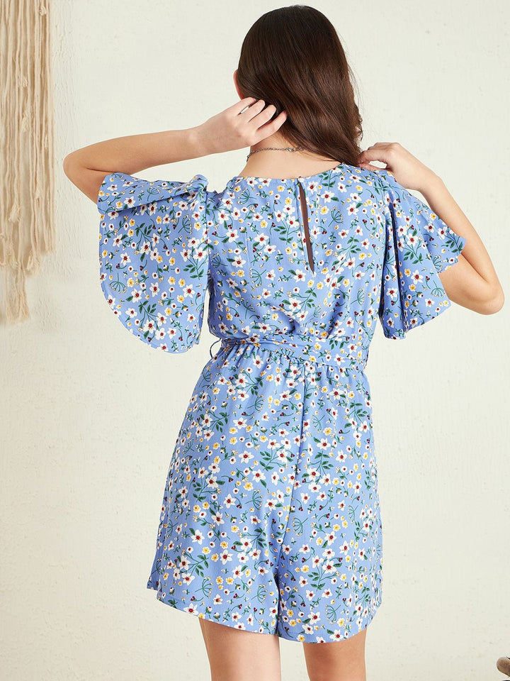 Berrylush Blue Floral Printed V-Neck Flared Sleeves Playsuit With Belt