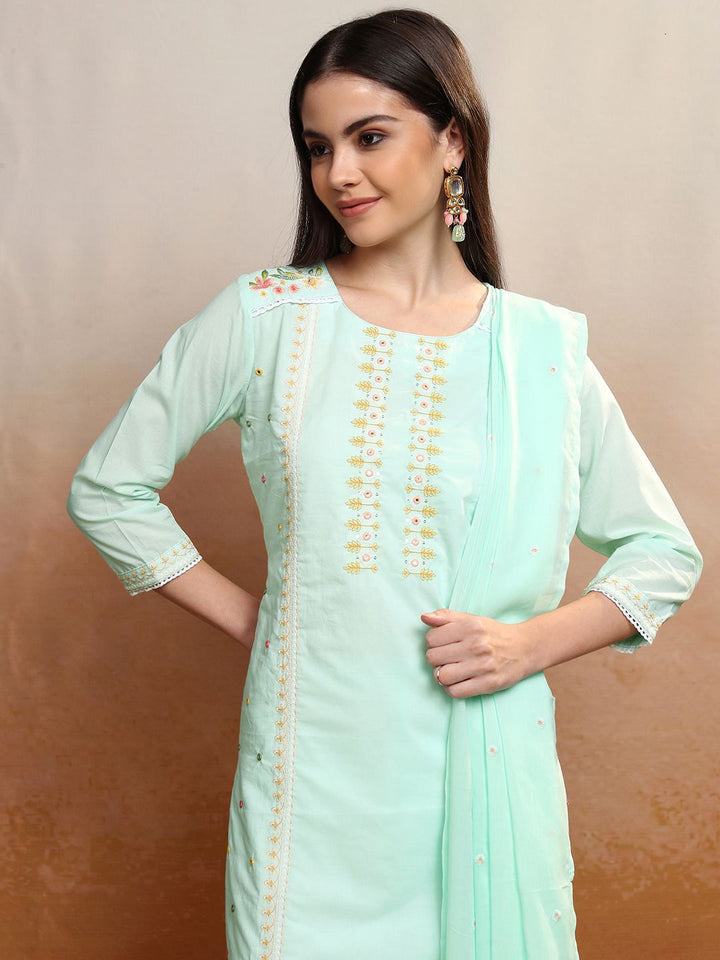 Vishudh Women Floral Embroidered Regular Pure Cotton Kurta with Trousers & With Dupatta