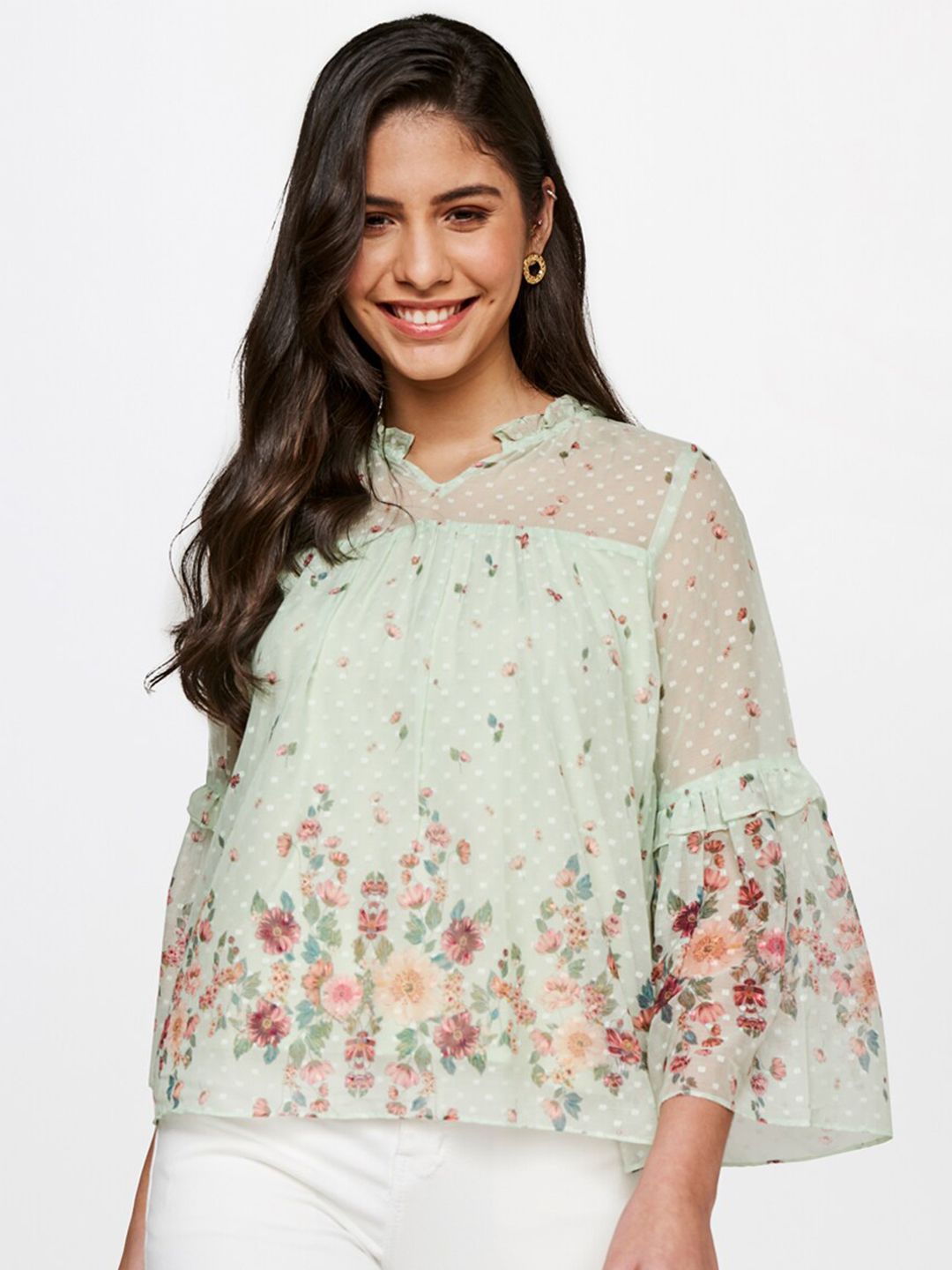 AND Women Sea Green & Maroon Floral Printed V-Neck Top