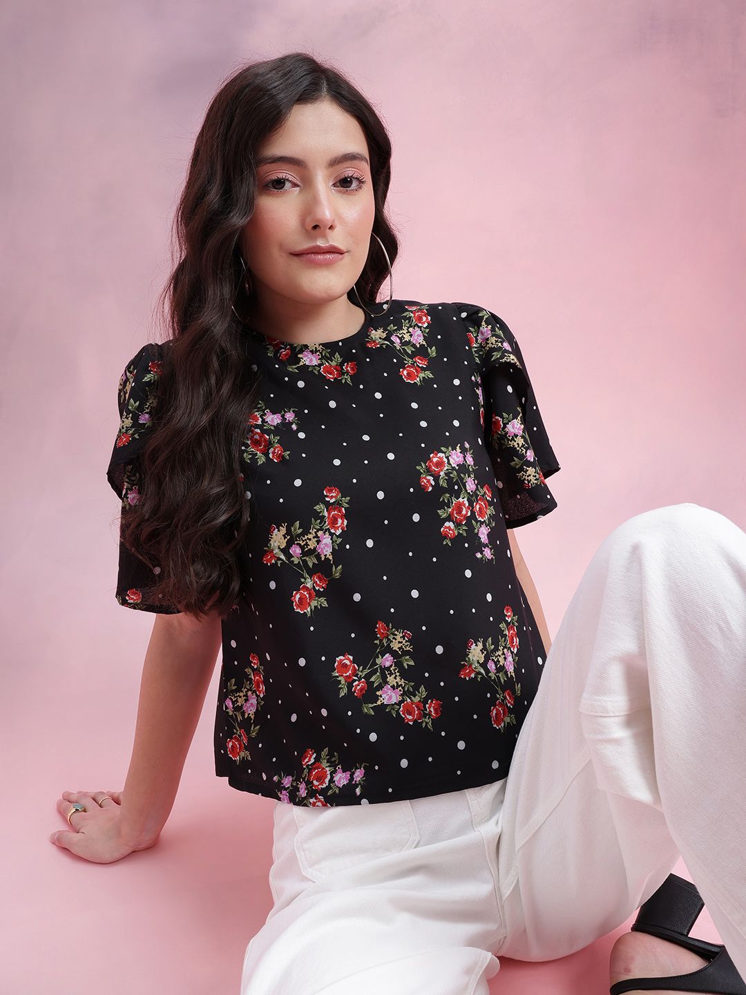 DressBerry Floral Print Tulip-Style Flared Sleeves Top