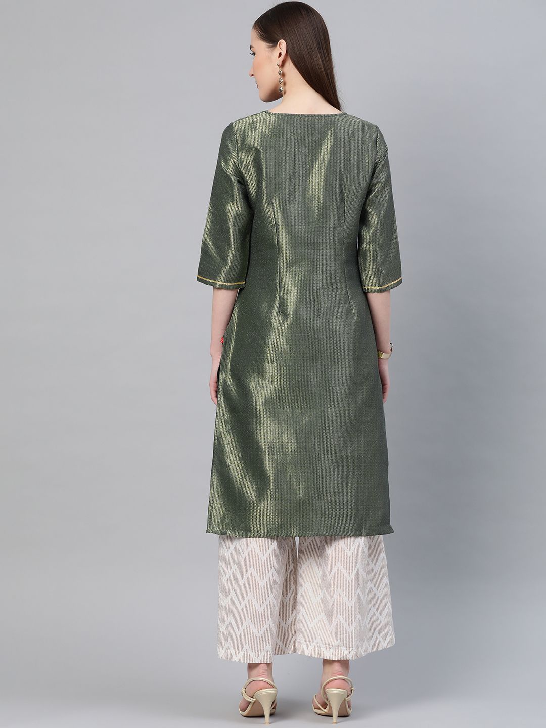 W Women Green & Golden Zari Woven Design Straight Kurta