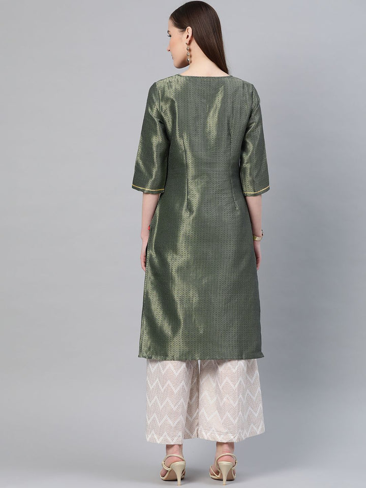 W Women Green & Golden Zari Woven Design Straight Kurta