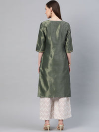 W Women Green & Golden Zari Woven Design Straight Kurta