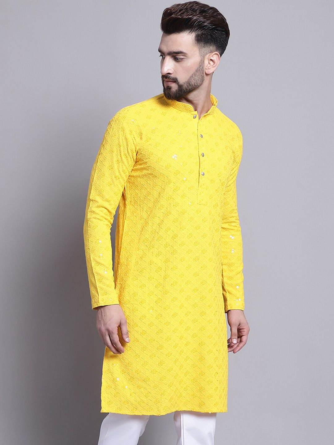 SOJANYA Geometric Embroidered Sequence Mandarin Collar Pure Cotton Kurta
