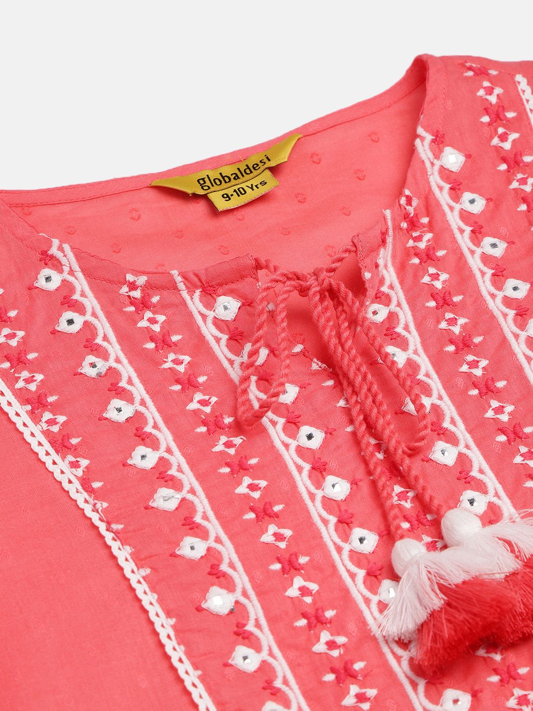 Global Desi Girls Coral Pink Self Design Tie-Up Neck Flared Sleeves Cotton A-Line Dress