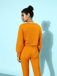 STREET 9 Women Bright Orange Typography Cropped Sweatshirt