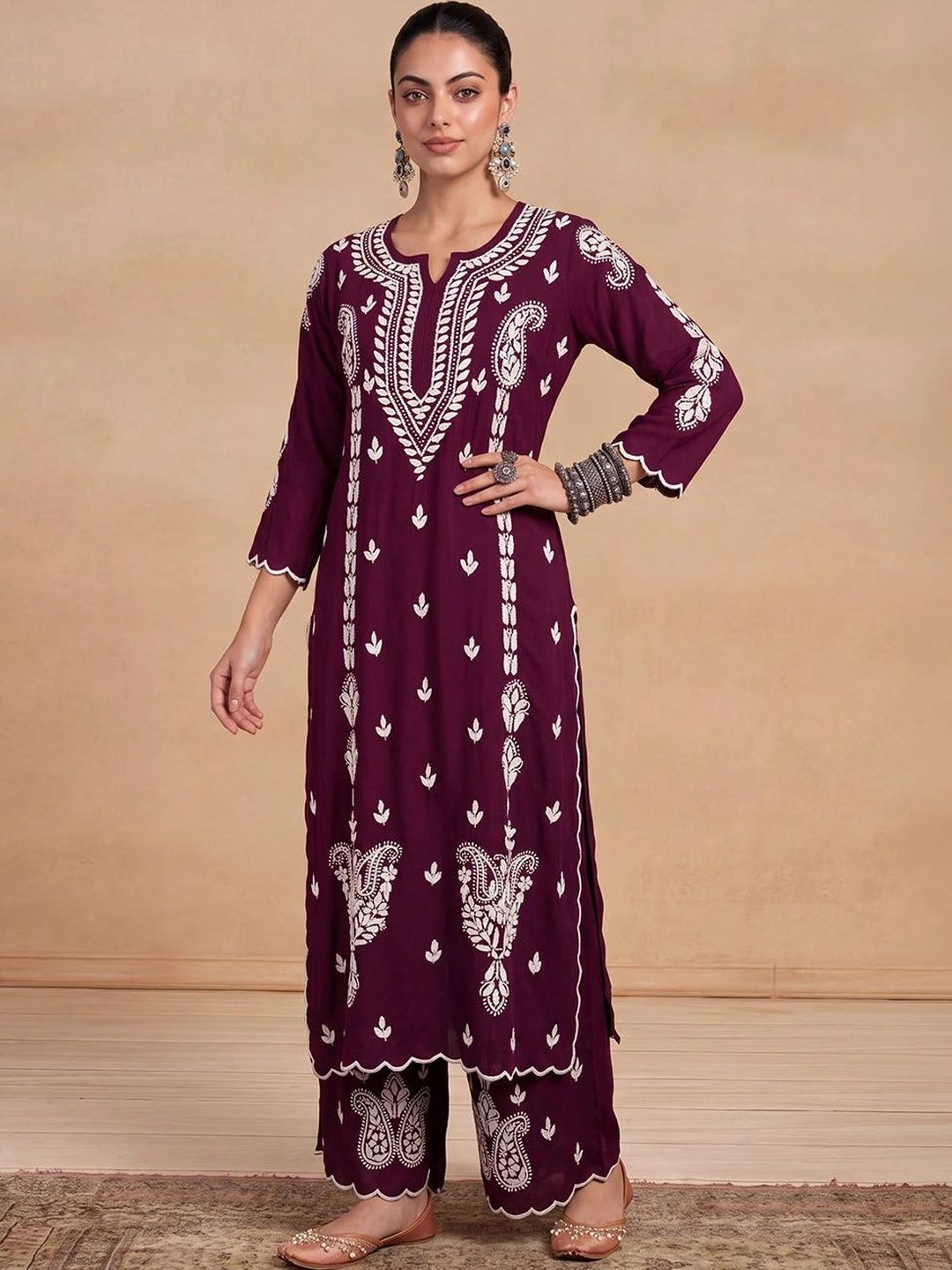 House of Chikankari Women Ethnic Motifs Embroidered Regular Thread Work Kurta with Palazzos