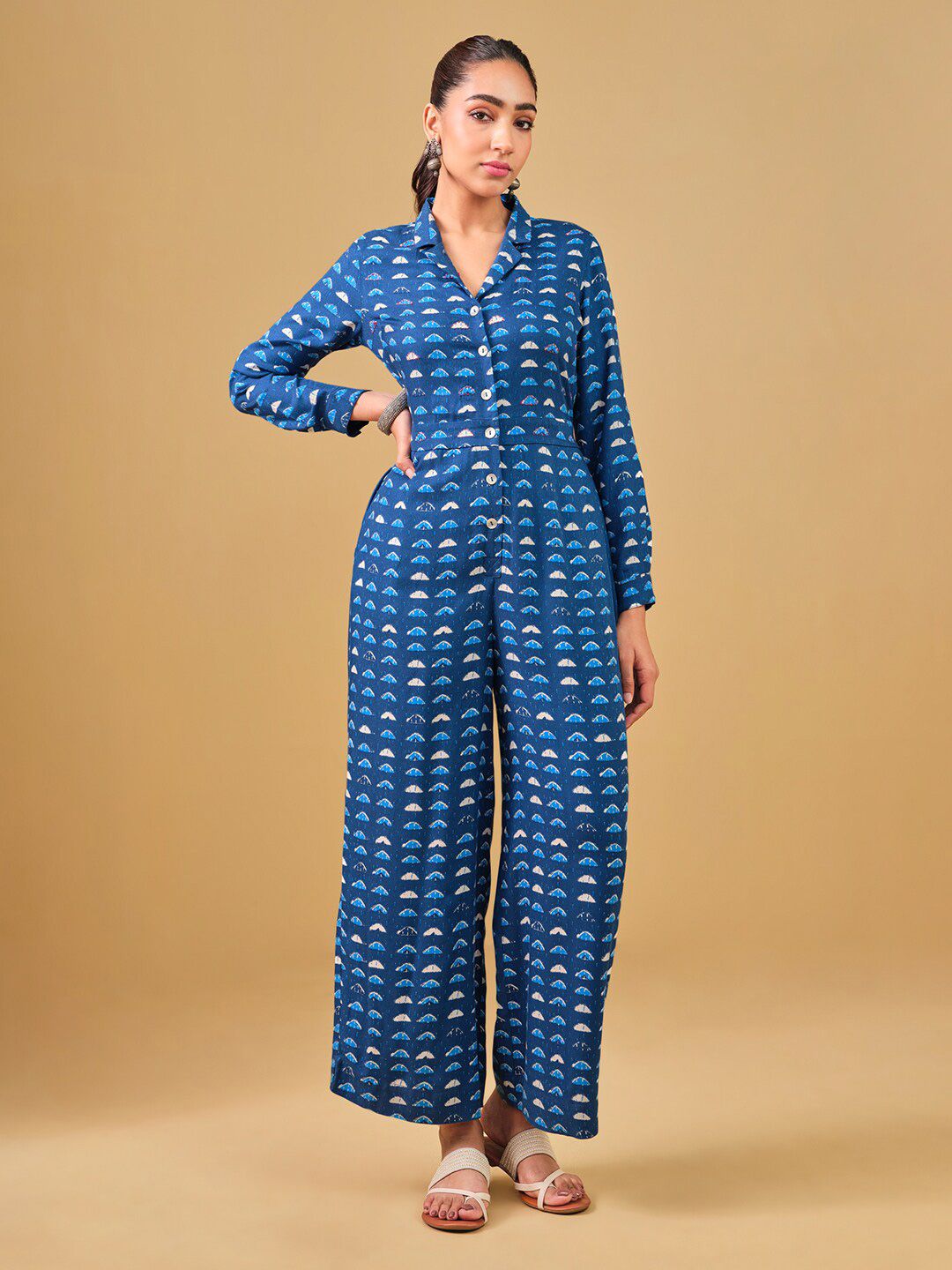 Global Desi Lapel Collar Printed Basic Jumpsuit