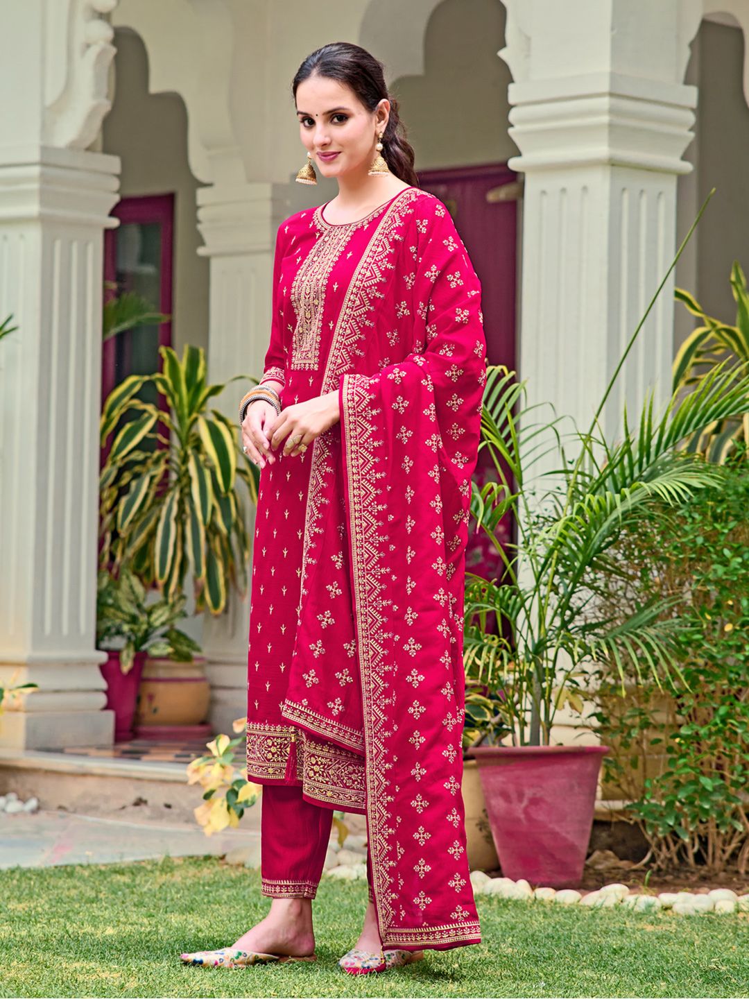 KALINI Floral Embroidered Regular Sequinned Straight Kurta with Trousers & Dupatta